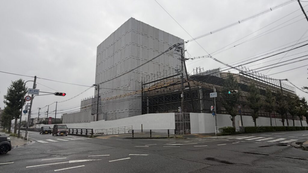 道路沿いから見上げた足場