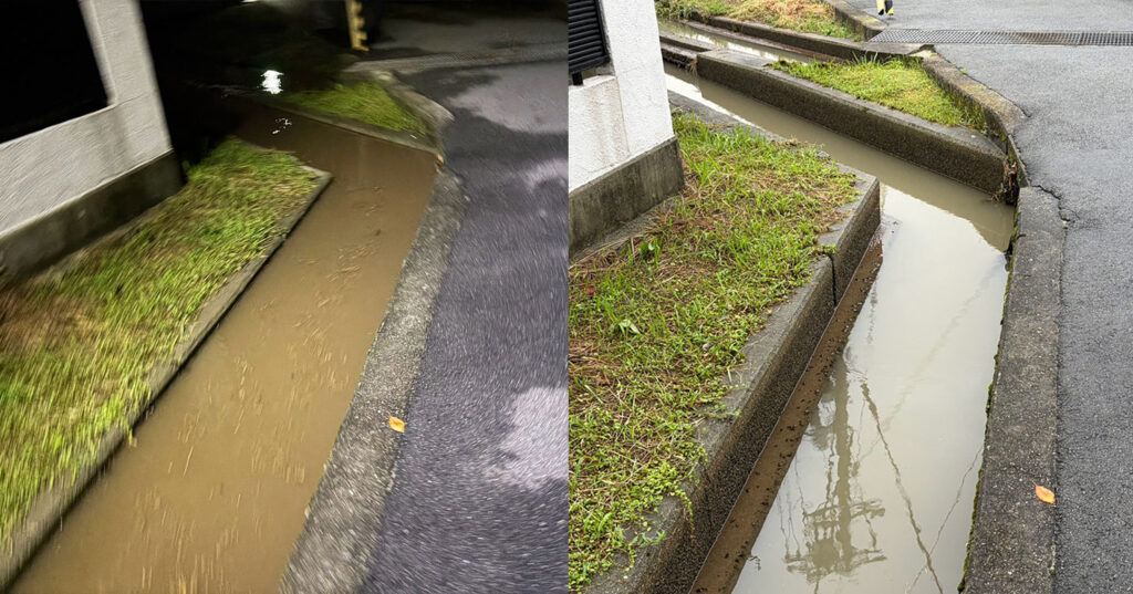 用水路の深夜と今朝の比較。左は濁った水が勢いよく流れ、右は水位が下がっている