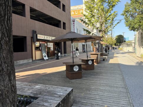 大手前通り沿いのえきそば大手前店と店前の歩道